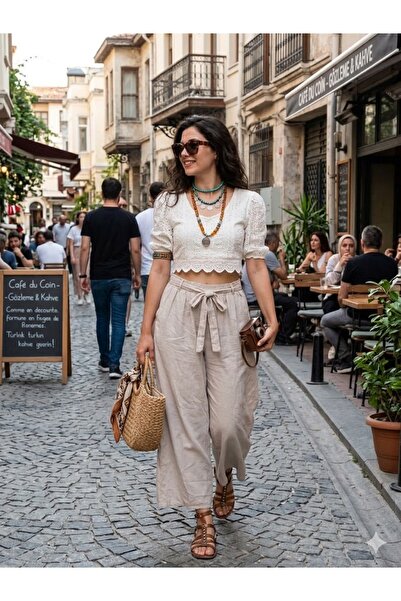 AYASOFYA OTANTIK Women's Italian Beige Wide-Leg Trousers with Elastic Waist a...