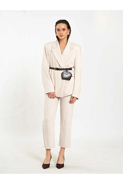 BIGNUANCE Taş Rengi Premium Şık Kemerli Çantalı Ceket Pantolon Takım Ofis & G...