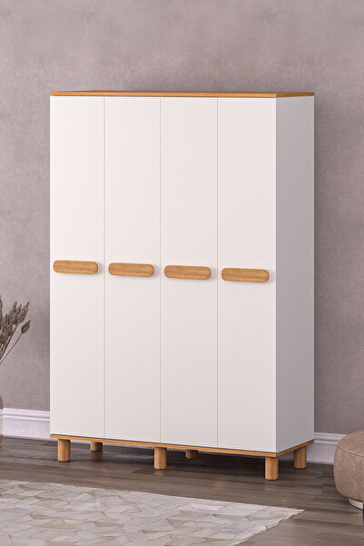 Rabi Mila 4 Kapaklı Beyaz - Meşe Gardırop (Bohem Ayaklı)