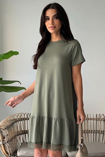 Ded COLLECTION Women's Short Sleeve Skirt Lace Detailed Summer Modal Dress