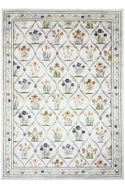 kilim home Flora Garden Pastel Çiçek Desenli Yıkanabilir Pamuk Taban Modern H...