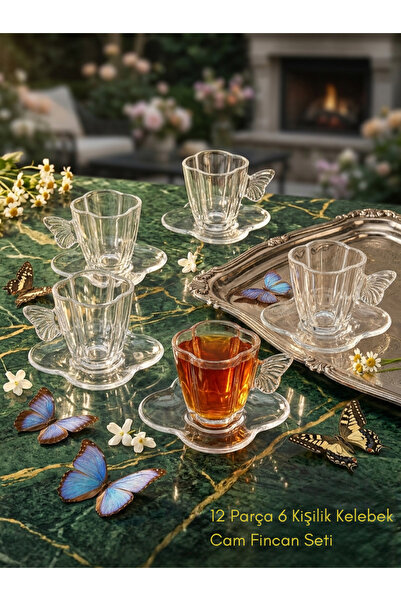 Le Paon 12 Parça 6 Kişilik Kelebek Kulplu 230 ml Cam Fincan Seti - Estetik Çi...
