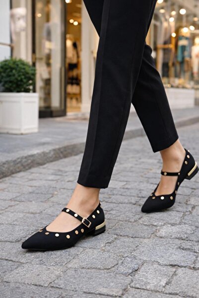 MODAONN Elegant Detailed Black Ballerina Shoes with Stone and Stud Accessories