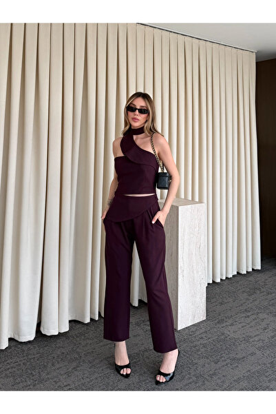 Laluvia Mürdüm One-Shoulder Design Collar Blouse and Trousers Set - 8003