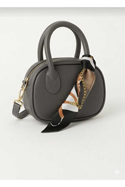 Nova Gri Mini El & Omuz Çantası – Altın Detaylı, Fular Aksesuarlı