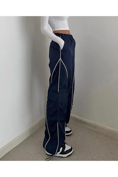 yesmoda Cargo Pocket Stripe Parachute Navy Blue Pants