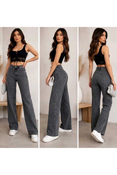 TRENDNATUREL Опушено сиво изпран деним, палацо панталони със супер висока тал...