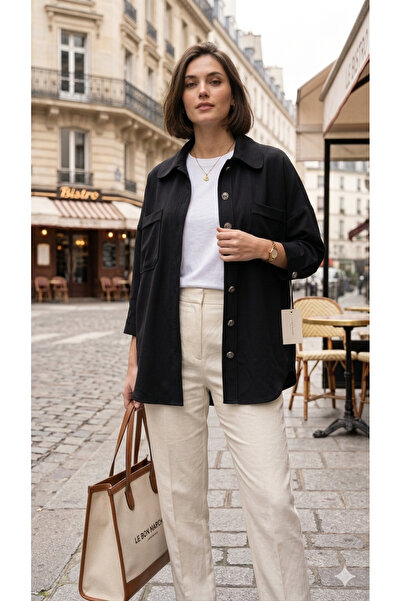 QUBERZ Cămașă-jachetă de damă, bej/maro, supradimensionată, din colecția Wood...