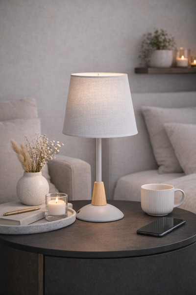 Crestj Modern Elegant Wooden Base Fabric Shade Warm Light Nightstand Lamp - 4...