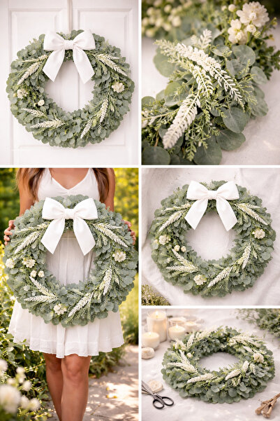 ecrella Beyaz Saten Fiyonklu Okaliptus Kapı Süsü – Yapay Yeşil Çelenk – Rusti...