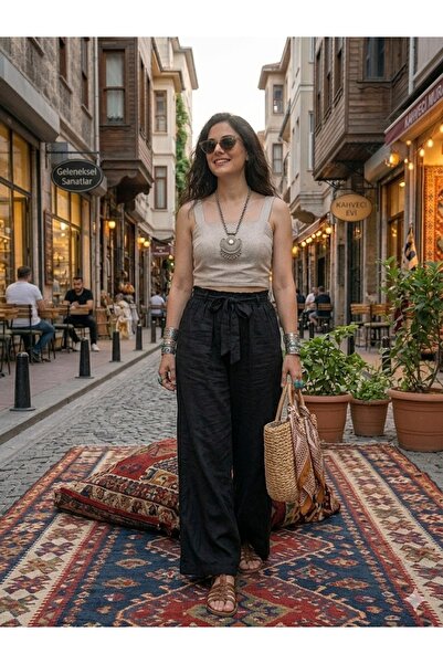 AYASOFYA OTANTIK Women's Italian Black Wide-Leg Pants with Elastic Waistband ...