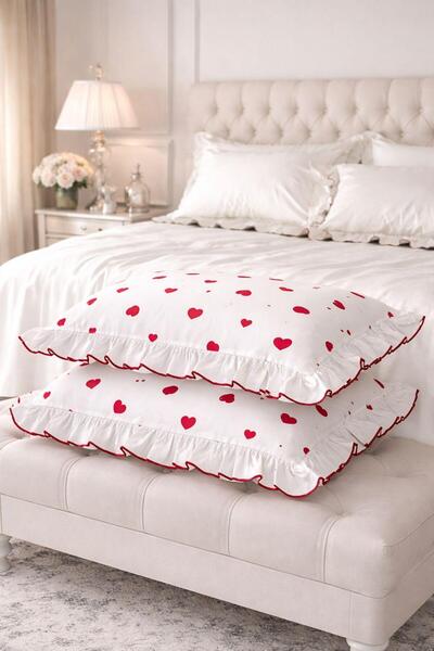DB 2' Pillowcase with Red Hearts and Ruffles, 100% Cotton