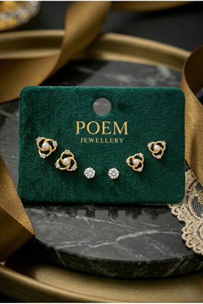 POEM JEWELLERY 18 Ayar Altın Kaplama İncili Burgu ve Zirkon Tek Taş Stud (Çiv...
