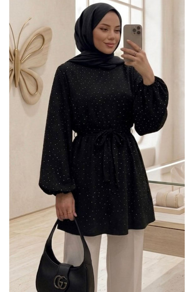 onlymoon Tesettür Tunica neagră cu imprimeu în piatră Sofia Linen |   Combina...