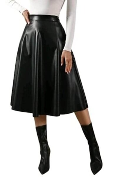 NO BRAND Fustă midi, VOGUET, din piele ecologică neagră