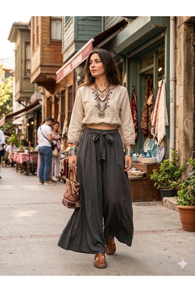 AYASOFYA OTANTIK Women's Italian Dark Gray Wide-Leg Trousers with Elastic Wai...