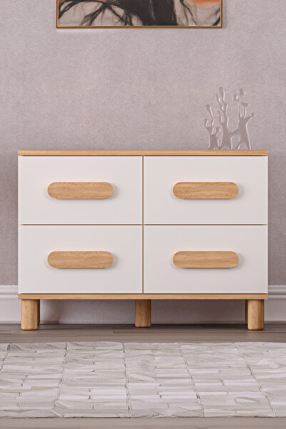 Rabi Mila Bohem 4 Çekmeceli Beyaz-Meşe Çok Amaçlı Şifonyer (Bohem Ayaklı)