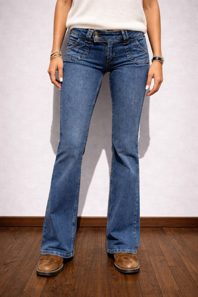 september island Vega Navy Blue Color Double Button Spanish Leg Jeans Denim T...