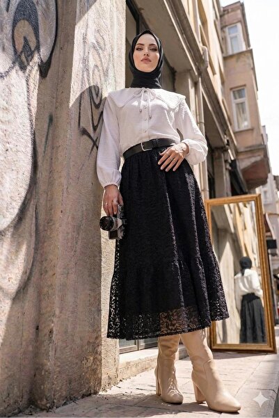 onlymoon Hijab Black Lace Skirt White Baby Collar Shirt Set Stylish Elegant M...
