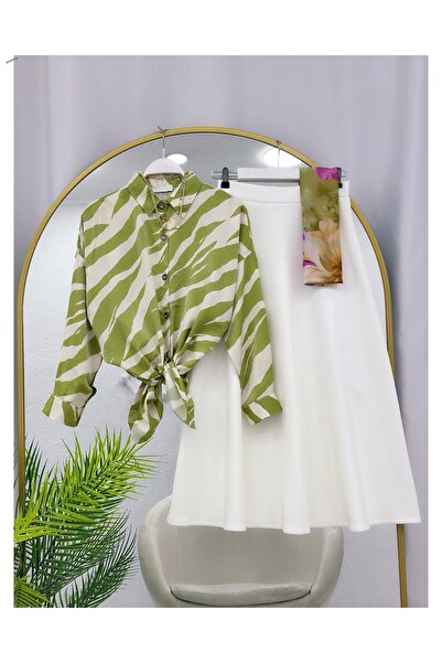 YEDİLALE Striped Satin Shirt and Flared Skirt Two-Piece Set [Excluding Shawl]
