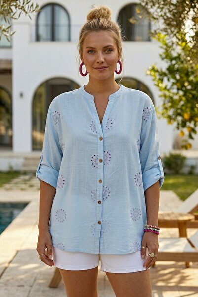 Chiccy Light Blue Judge Collar Buttoned Long Sleeve Buttoned Casual Muslin Wo...