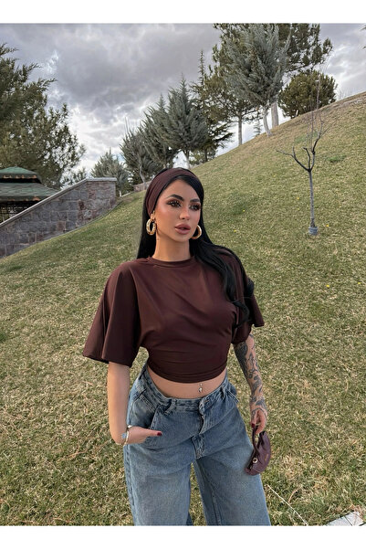 kırmızı butiks Καφέ Μίνιμαλ Ντραπέ Μπλουζάκι