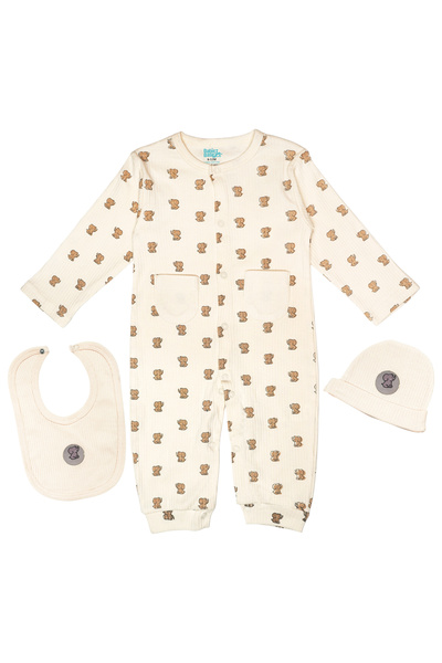Babies Basic Ribbed Cotton Set with Sleepsuit/Romper, Cap and Bib