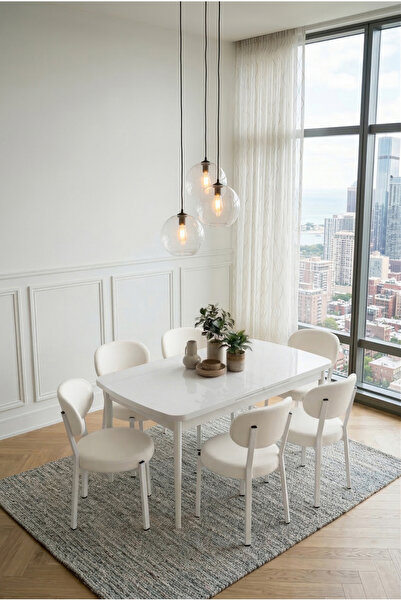 DEREN HOME Pufy Serisi 80x130 Açılabilir Masa +6 Adet Silinebilir Sandalye Ma...