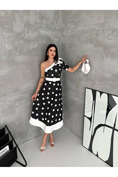 cottonage Women's Trendy Polka Dot One-Shoulder Detail Belted Waist Draped Dress