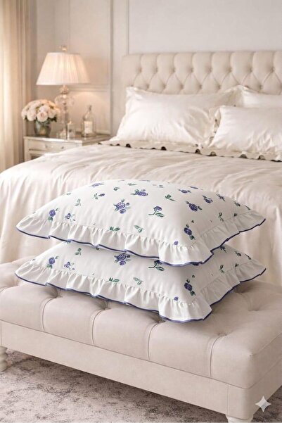 DB 2-Piece Pillowcases with Purple Pattern and Ruffles, 100% Cotton