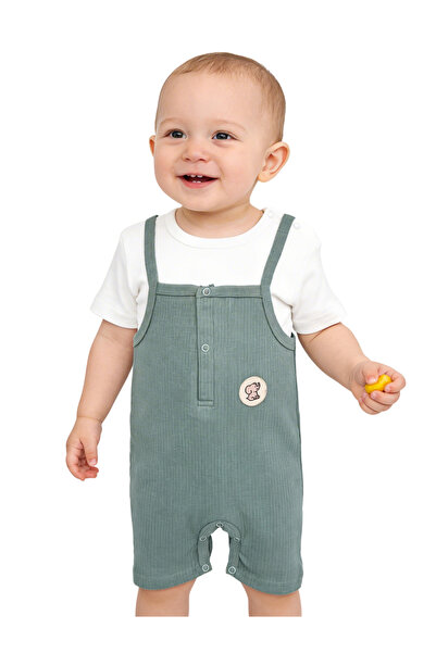 Babies Basic Ribbed Cotton Dungaree with Short Sleeves T-shirt