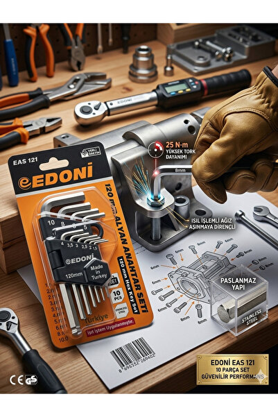 EDONİ 120 mm Profesyonel L Alyan Anahtar Seti - 10 Parça Isıl İşlemli Paslanm...