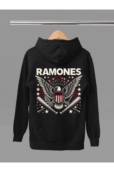 MAGORS Hanorac rock cu glugă, cu mânecă lungă, din bumbac, cu imprimeu RAMONE...