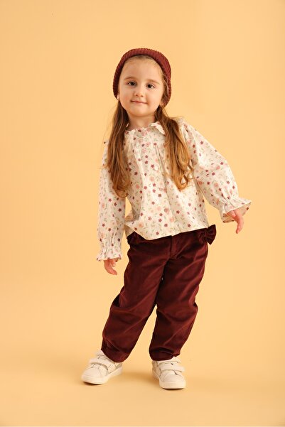 Patique Kids Girl's Patterned Shirt and Velvet Trousers Two-Piece Set
