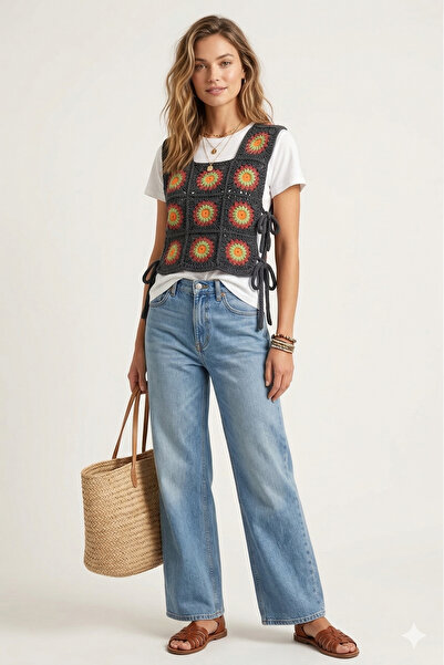 lunera El YapımKare Motifli Yelek – Renkli Motifli Örgü Crop Süveter, Boho Ta...