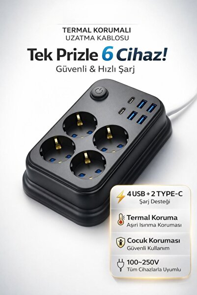 MATECHNO Akım Korumalı 4’lü Priz 2x USB-C 4x USB-A Şarj 2m Kablo Uzatma Çocuk...