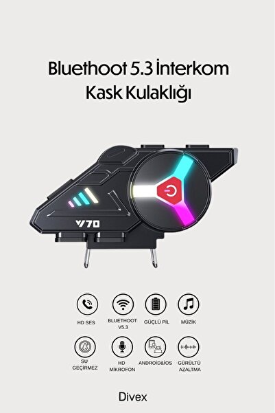 Divex V70 RGB Işıklı Motosiklet Kask Intercom - Akıllı Gürültü Engelleyici, I...