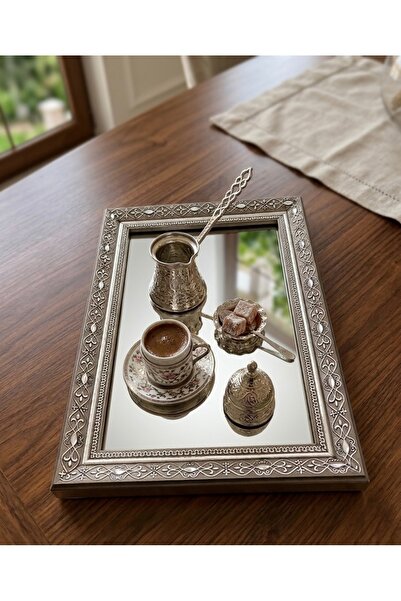 tepsi aynalı Lüks Gümüş Kaplama İşlemeli Aynalı Sunum Tepsisi - 18x25 cm (6 A...