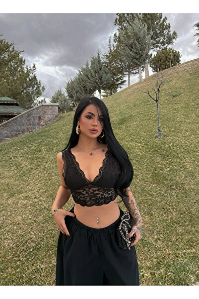 kırmızı butiks Bralet negru cu dantelă