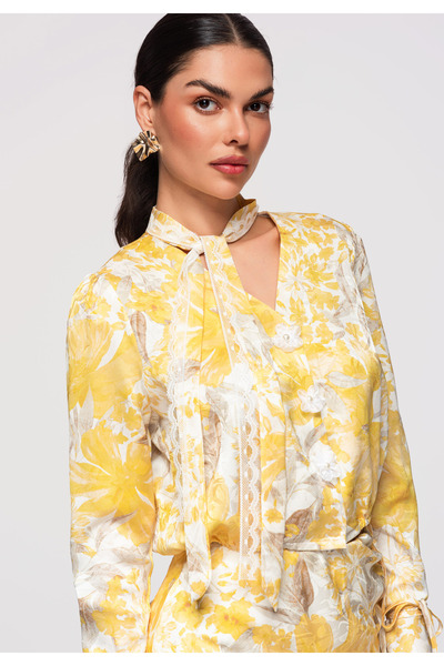 OMBRE Femei Cămașă Elegantă OW-SH-E0033 cu Decolteu V și Dantelă Galben