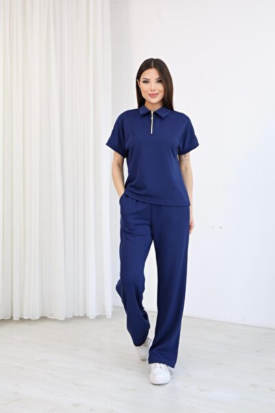 moda poni Women's Navy Blue Polo Collar Zippered Double Set