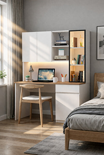 Avmpark Rustic Çalışma Masası Kitaplıklı Bilgisayar Masası Led Işıklı Çekmece...