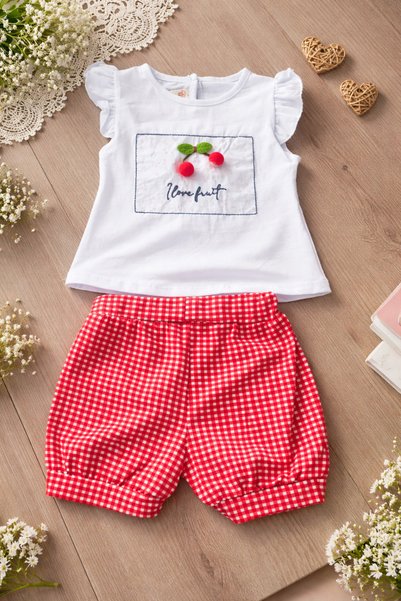 Erca Home Tekstil Ürünleri 100% Cotton Cherry Patterned Bandana Summer Girls' Set 9 Months, 12 Months, 18 Months, 2 Years Red