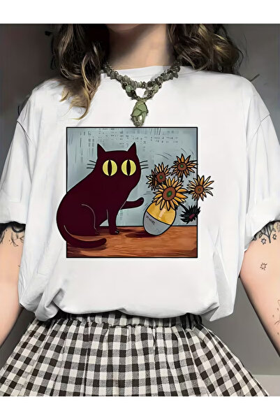 LİNA06 Women's Soft Cat & Sunflower Print T-Shirt - Short Sleeve Round Neck B...