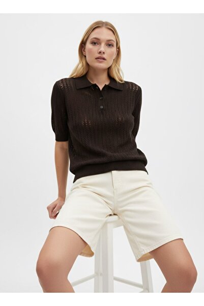 Arbucky Women's Polo Neck Openwork Thin Knitwear Blouse