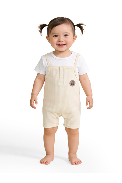 Babies Basic Ribbed Cotton Dungaree with Short Sleeves T-shirt
