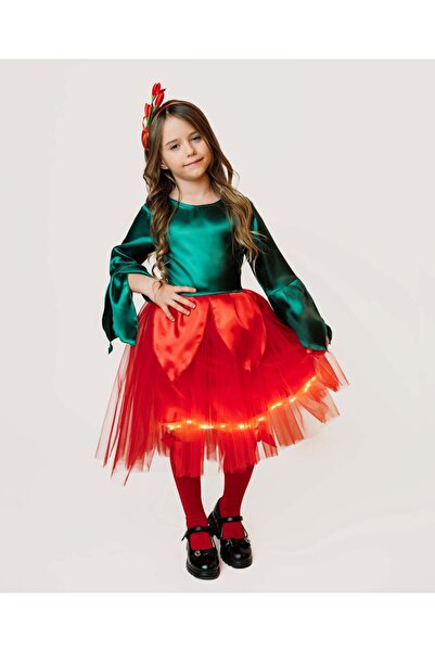 fustite cu luminite Costum cu luminițe roșii în formă de floare, 2 piese, Rochie + Bentiță, pentru primăvară - 2-3 ani (92-98 cm)
