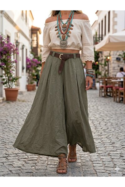 AYASOFYA OTANTIK Women's Italian Khaki Wide-Leg Trousers with Elastic Waistba...
