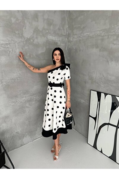 cottonage Women's Trendy Polka Dot One-Shoulder Detail Belted Waist Draped Dress