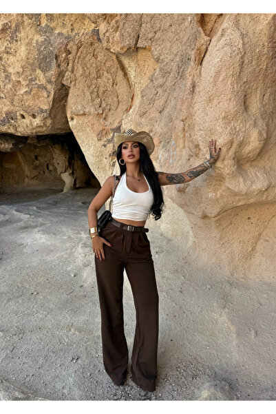 kırmızı butiks Καφέ παντελόνι με διπλό πιέτο και ζώνη